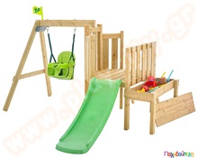 Ξύλινο σύστημα Forest με κούνια, τσουλήθρα και αμμοδόχο-παγκάκι  Συστήματα Παιδικής Χαράς