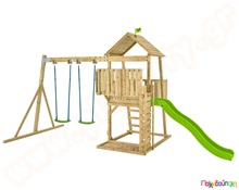 Ξύλινος πύργος με 2 κούνιες, τσουλήθρα και αμμοδόχο  Συστήματα Παιδικής Χαράς