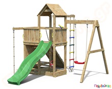 Ξύλινος πύργος με 3 αναρριχήσεις, τσουλήθρα και κούνια  Συστήματα Παιδικής Χαράς