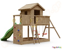 Ξύλινο δεντρόσπιτο με τσουλήθρα και κούνιες  Συστήματα Παιδικής Χαράς