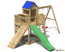 Ξύλινο δεντρόσπιτο αναρρίχησης με τσουλήθρα και κούνιες  Συστήματα Παιδικής Χαράς