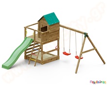 Ξύλινος πύργος με τσουλήθρα, αμμοδόχο και κούνιες  Συστήματα Παιδικής Χαράς