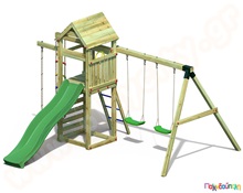 Ξύλινος πύργος με σκάλα αναρρίχησης και κούνιες  Συστήματα Παιδικής Χαράς