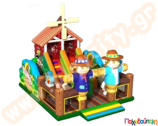 Φουσκωτό Παιχνίδι Αγροτόσπιτο με Τσουλήθρα (με 3 blowers)