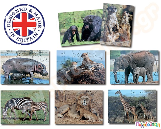 Σετ 8 ξύλινα παζλ  άγρια ζώα και τα μικρά τους