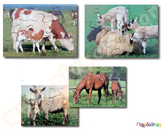 Σετ 8 ξύλινα παζλ ζώα φάρμας και τα μικρά τους