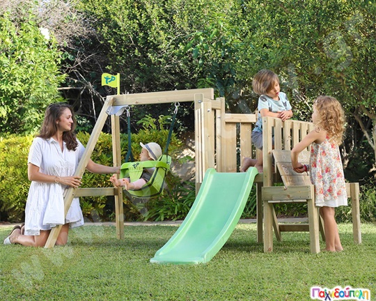 Ξύλινο σύστημα Forest με κούνια, τσουλήθρα και αμμοδόχο-παγκάκι