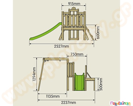 Ξύλινο σύστημα Forest με κούνια, τσουλήθρα και αμμοδόχο-παγκάκι