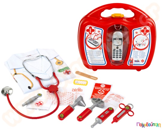 Βαλιτσάκι γιατρού με εργαλεία κινητό και στολή