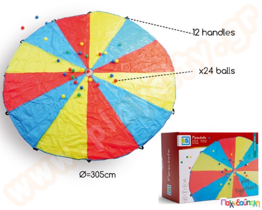 Αλεξίπτωτο Γυμναστικής-Ψυχοκινητικής διαμέτρου 305 εκ. με 12 λαβές και 24 μπάλες