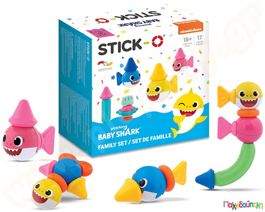 Βρεφικά μαγνητικά τουβλάκια Stick-O Οικογένεια Baby Shark Σετ 17 τεμάχια