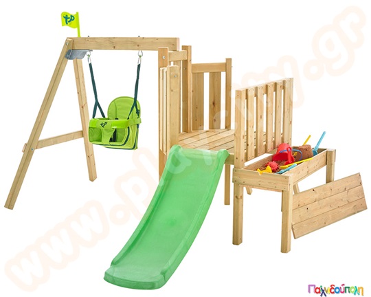 Ξύλινο σύστημα Forest με κούνια, τσουλήθρα και αμμοδόχο-παγκάκι