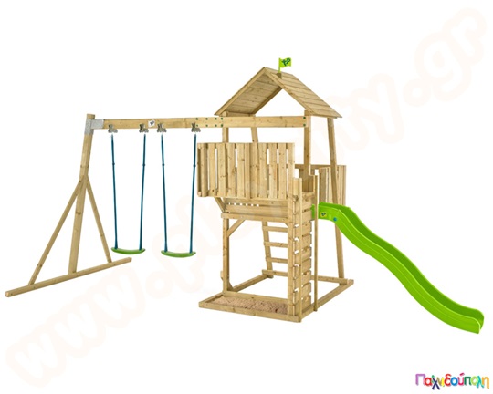 Ξύλινος πύργος με 2 κούνιες, τσουλήθρα και αμμοδόχο