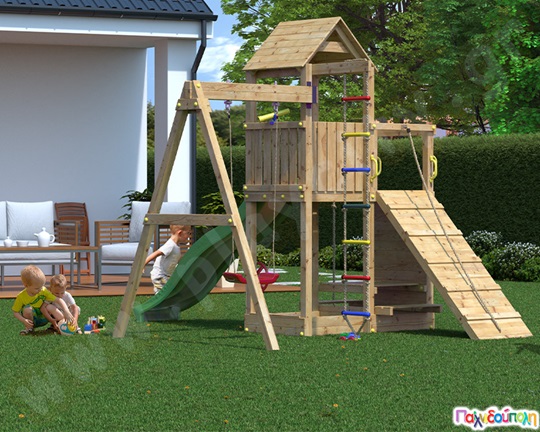 Ξύλινος πύργος με 3 αναρριχήσεις, τσουλήθρα και κούνια