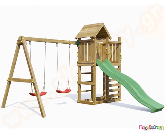 Ξύλινο σύστημα με 2 κούνιες και τσουλήθρα