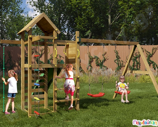 Ξύλινο σύστημα αναρρίχησης με κούνιες και τσουλήθρα