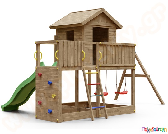 Ξύλινο δεντρόσπιτο με τσουλήθρα και κούνιες