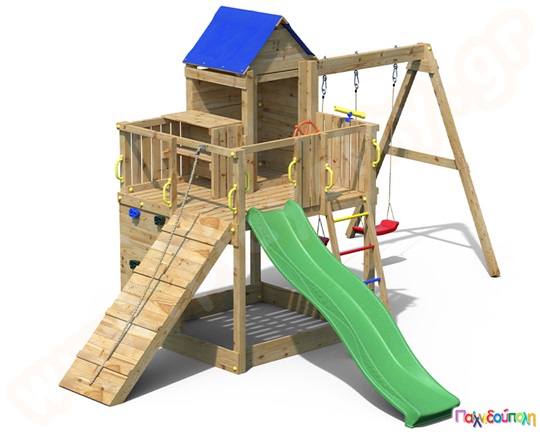 Ξύλινο δεντρόσπιτο αναρρίχησης με τσουλήθρα και κούνιες