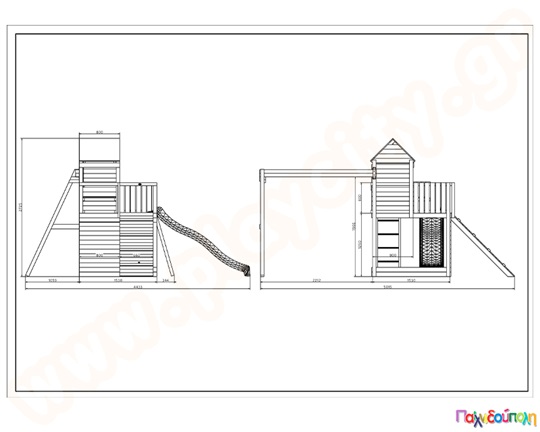 Ξύλινο δεντρόσπιτο αναρρίχησης με τσουλήθρα και κούνιες