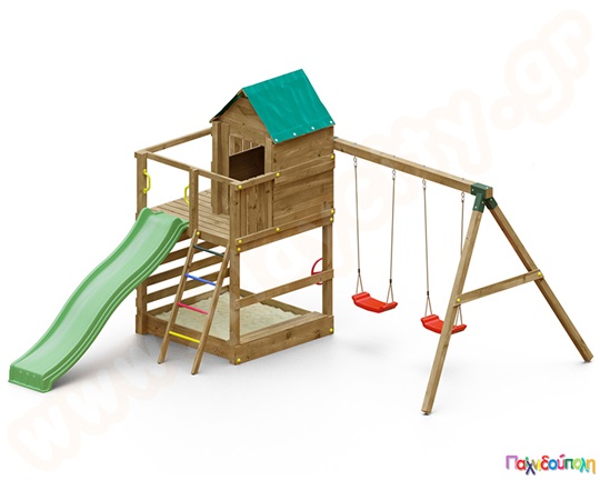 Ξύλινος πύργος με τσουλήθρα, αμμοδόχο και κούνιες