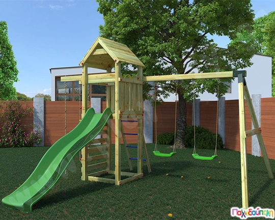 Ξύλινος πύργος με σκάλα αναρρίχησης και κούνιες