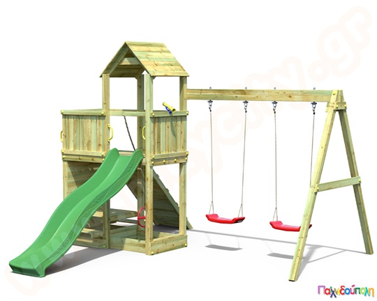 Ξύλινος πύργος αναρρίχησης με τσουλήθρα και 2 κούνιες