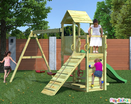 Ξύλινος πύργος αναρρίχησης με τσουλήθρα και 2 κούνιες