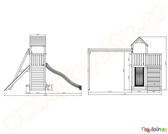 Ξύλινος πύργος αναρρίχησης με τσουλήθρα και 2 κούνιες