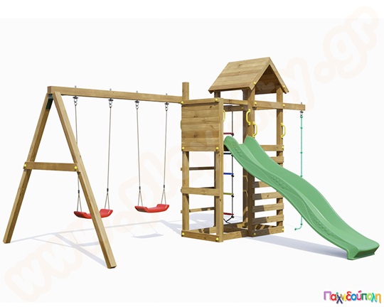 Ξύλινο σύστημα αναρρίχησης με κούνιες και τσουλήθρα