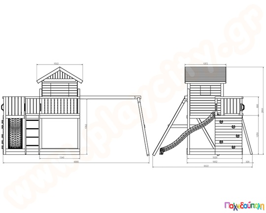 Ξύλινο δεντρόσπιτο με τσουλήθρα και κούνιες