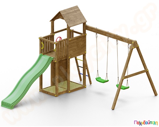 Ξύλινος πύργος με τσουλήθρα, αμμοδόχους και κούνιες