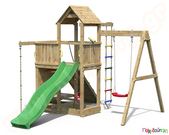 Ξύλινος πύργος με 3 αναρριχήσεις, τσουλήθρα και κούνια