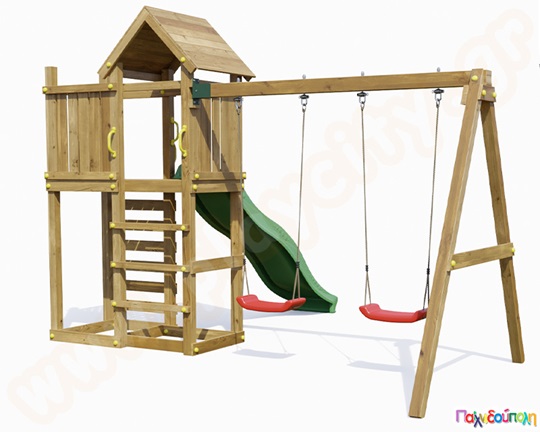 Ξύλινο σύστημα με 2 κούνιες και τσουλήθρα