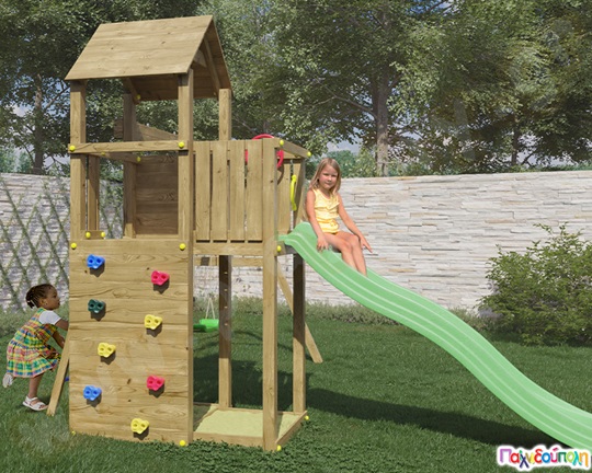 Ξύλινος πύργος με τσουλήθρα, αμμοδόχους και κούνιες