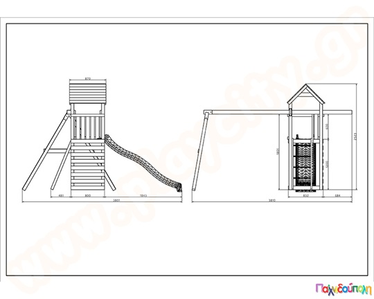 Ξύλινος πύργος με σκάλα αναρρίχησης και κούνιες