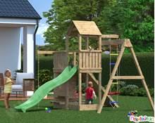 Ξύλινος πύργος με 3 αναρριχήσεις, τσουλήθρα και κούνια  Συστήματα Παιδικής Χαράς