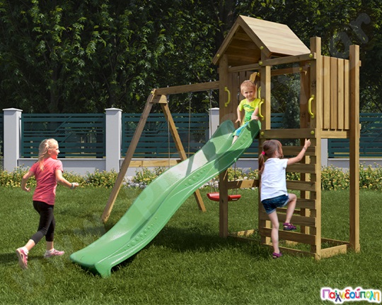 Ξύλινο σύστημα με 2 κούνιες και τσουλήθρα