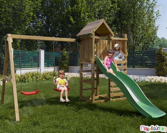 Ξύλινο σύστημα με 2 κούνιες και τσουλήθρα