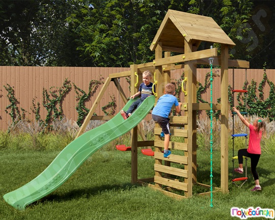 Ξύλινο σύστημα αναρρίχησης με κούνιες και τσουλήθρα