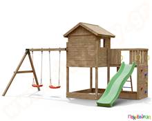 Ξύλινο δεντρόσπιτο με τσουλήθρα και κούνιες  Συστήματα Παιδικής Χαράς