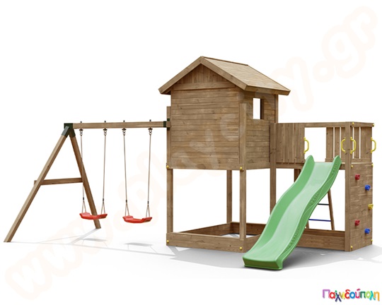 Ξύλινο δεντρόσπιτο με τσουλήθρα και κούνιες