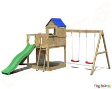 Ξύλινο δεντρόσπιτο αναρρίχησης με τσουλήθρα και κούνιες  Συστήματα Παιδικής Χαράς