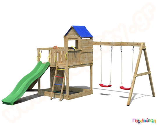 Ξύλινο δεντρόσπιτο αναρρίχησης με τσουλήθρα και κούνιες