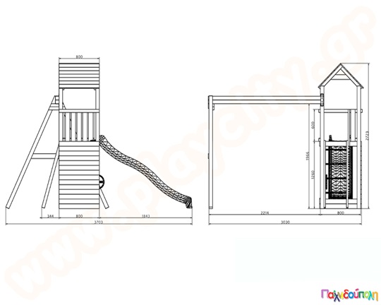 Ξύλινος πύργος με τσουλήθρα και 2 κούνιες