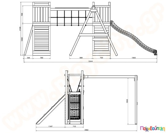 Ξύλινο σύστημα αναρρίχησης με γέφυρα και 2 κούνιες