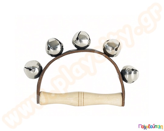 Κουδουνίστρα από ξύλο και δέρμα με 5 κουδουνάκια