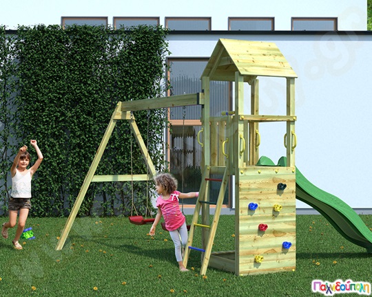 Ξύλινος πύργος με τσουλήθρα και 2 κούνιες