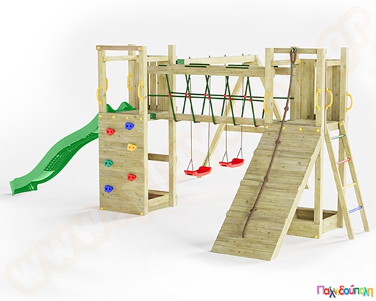 Ξύλινο σύστημα αναρρίχησης με γέφυρα και 2 κούνιες