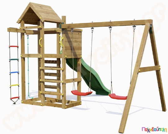 Ξύλινο σύστημα αναρρίχησης με κούνιες και τσουλήθρα