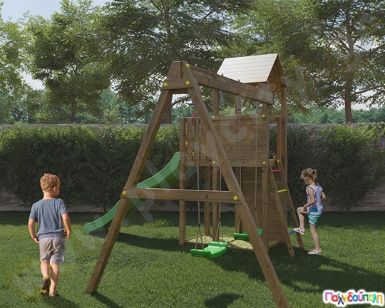 Ξύλινος πύργος με τσουλήθρα, αμμοδόχους και κούνιες